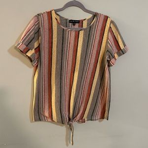 Kim & Cami Women’s Large Short Sleeve Top Pink Gray Yellow Stripe Knit Hem Knot